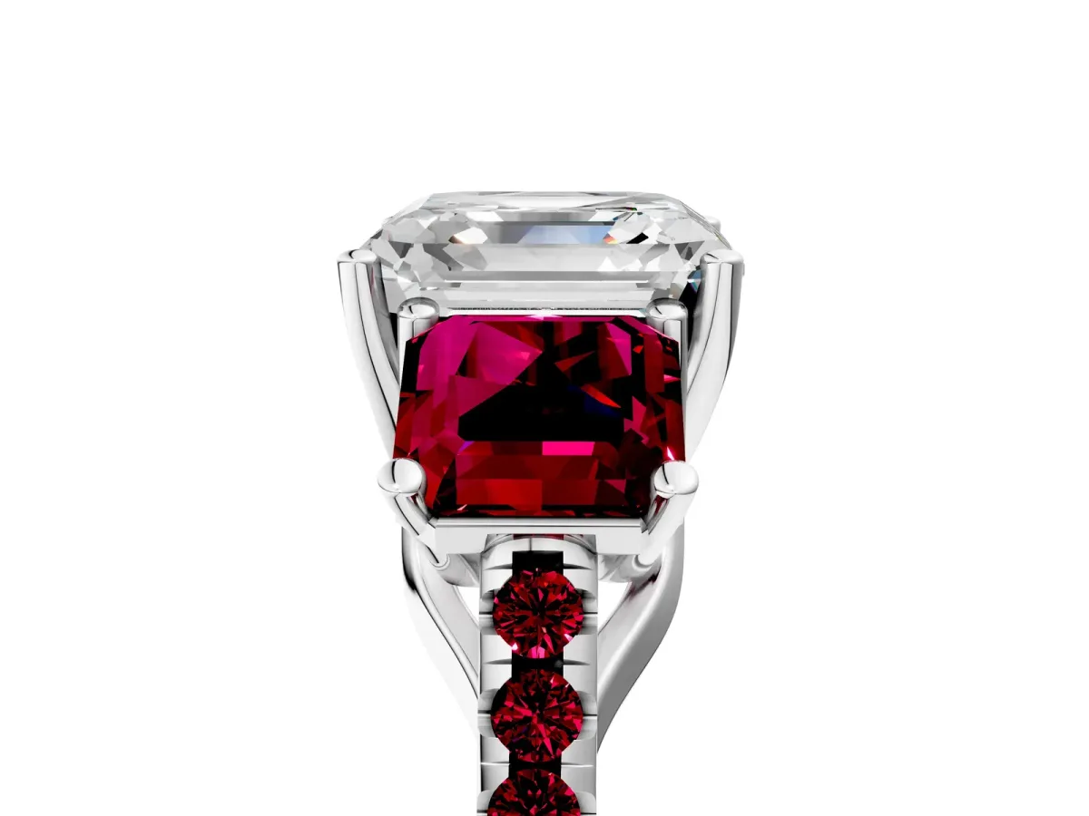 Three-Stone Asscher Cut Diamond Ring with Round Garnet Pavé Band and Prong Setting Silver