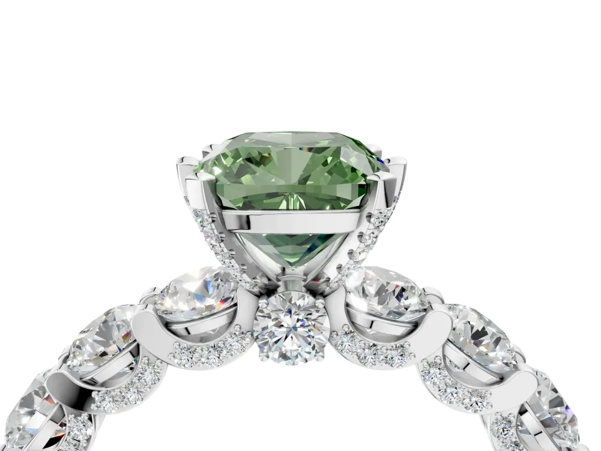 Fancy Green Cushion Cut Diamond Side Stone Engagement Ring with Four-Prong Setting White gold