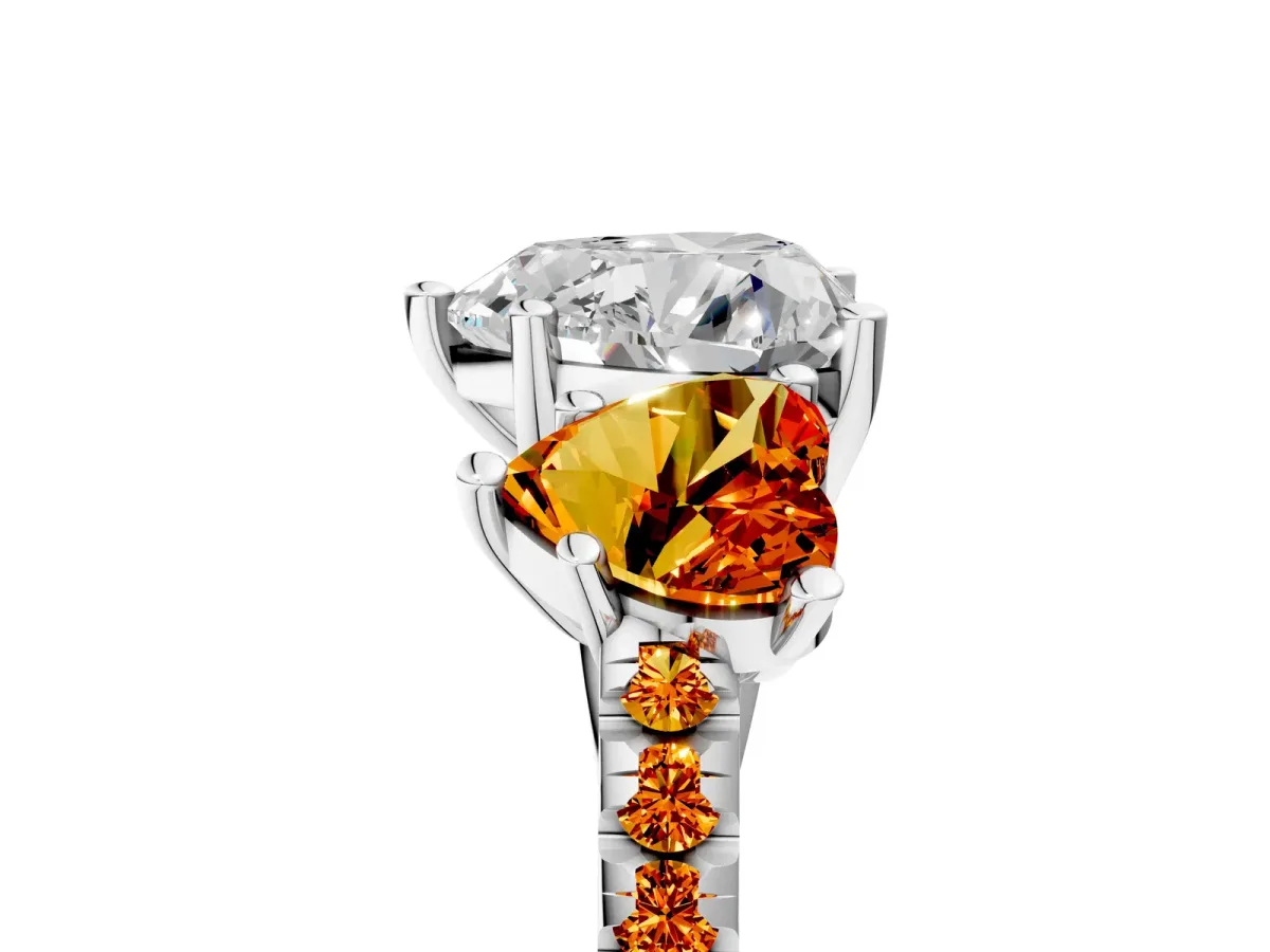 Three-Stone Heart Cut Diamond Ring with Round Citrine Pavé Band and Prong Setting Silver