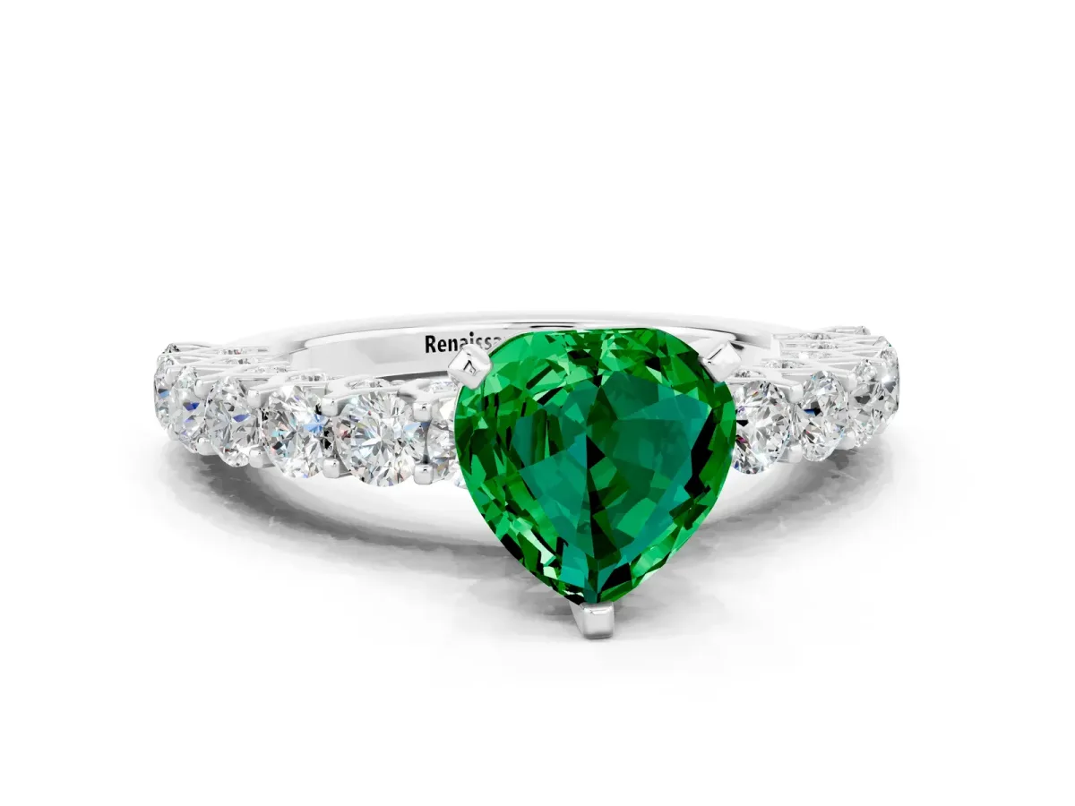 Heart Cut Emerald Solitaire Ring with Shared Prong Pavé Band and Four-Prong Setting Silver