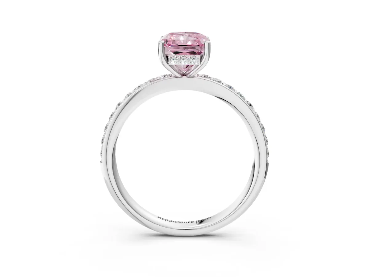 Fancy Pink Radiant Cut Cut Diamond Pavé Band Ring with Four-Prong Setting Platinum
