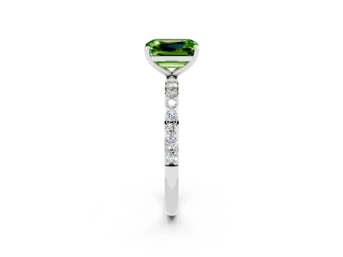 Emerald Cut Peridot Solitaire Ring with Round Pavé Band and Prong Setting Silver