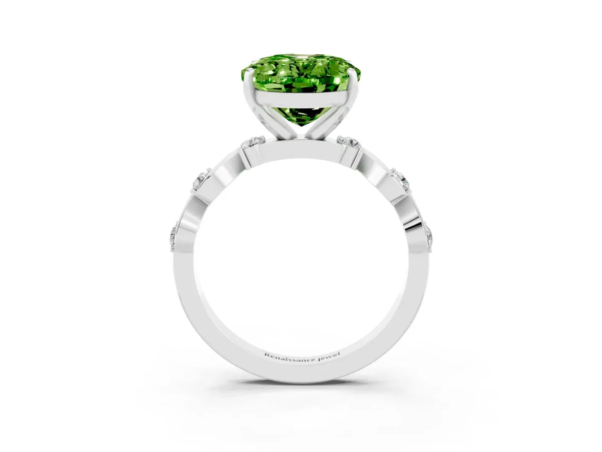 Oval Cut Peridot Solitaire Twisted Band with Round Accents and Prong Setting Silver