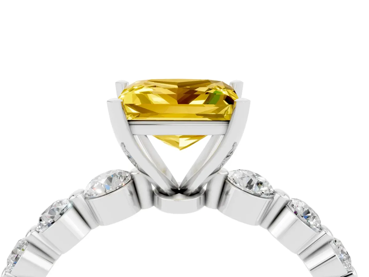 Princess Cut Solitaire Yellow Sapphire Ring with Pave Band and Four-Prong Setting Silver