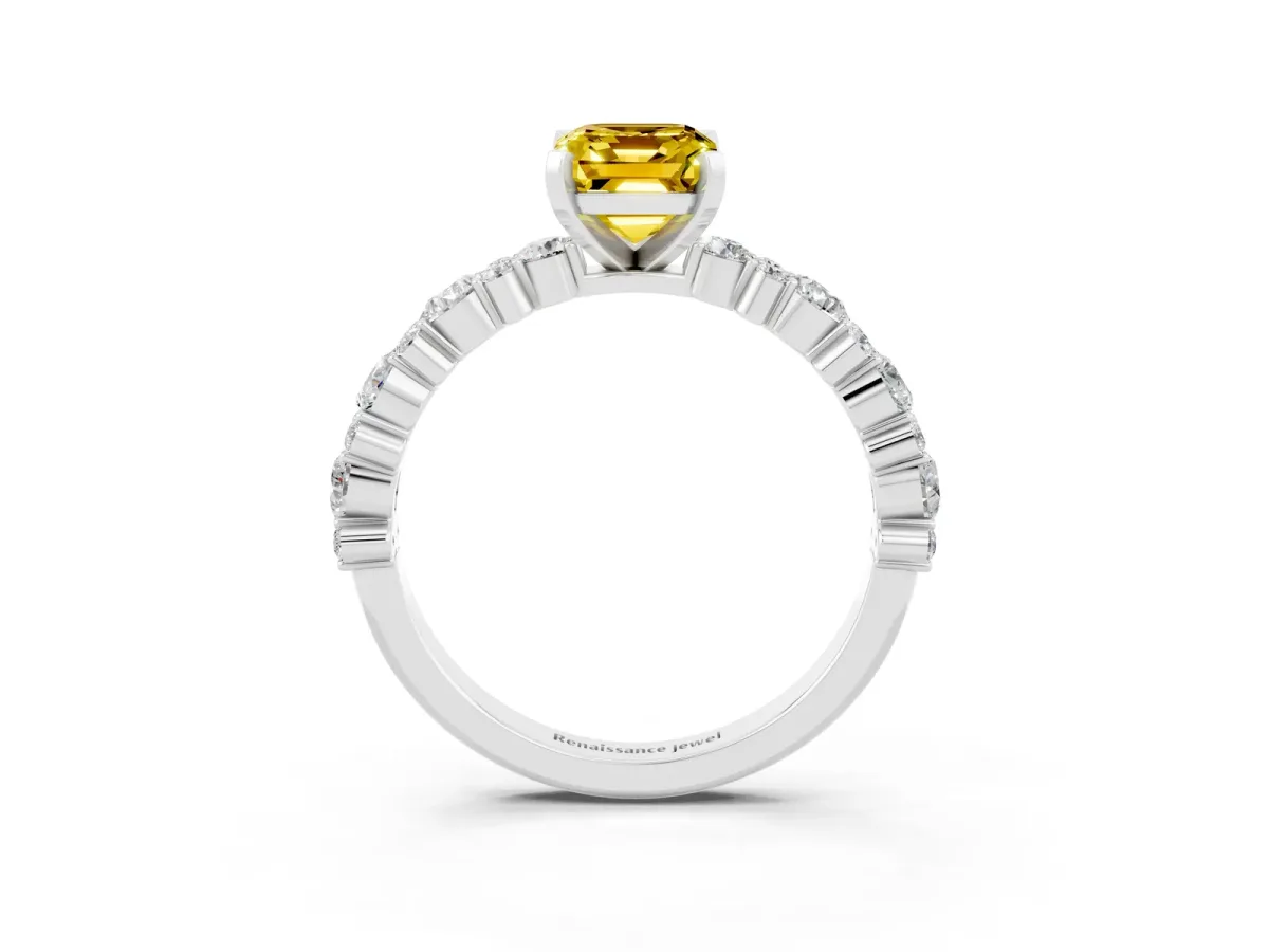 Emerald Cut Yellow Sapphire Side Stone Solitaire Ring with Round and Four-Prong Setting White gold