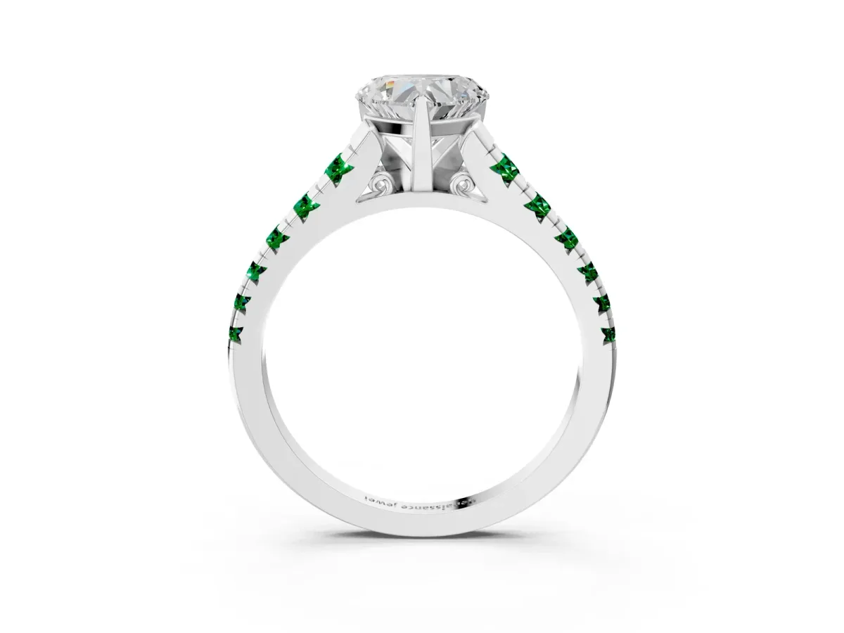 Heart Cut Diamond Cathedral Solitaire Ring with Round Emerald Pavé Band Silver