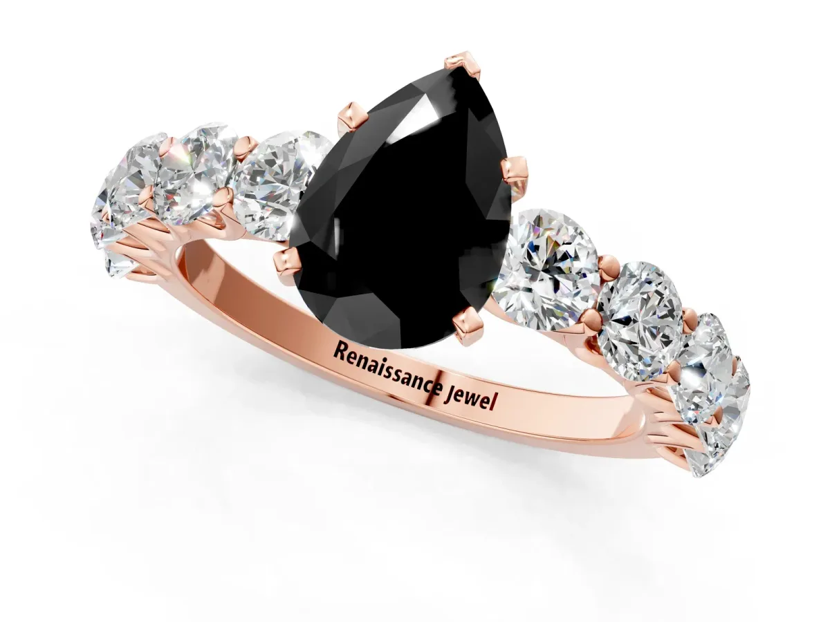 Fancy Black Pear Cut Diamond Prong Setting with Side Stones on a Pave Band Rose gold