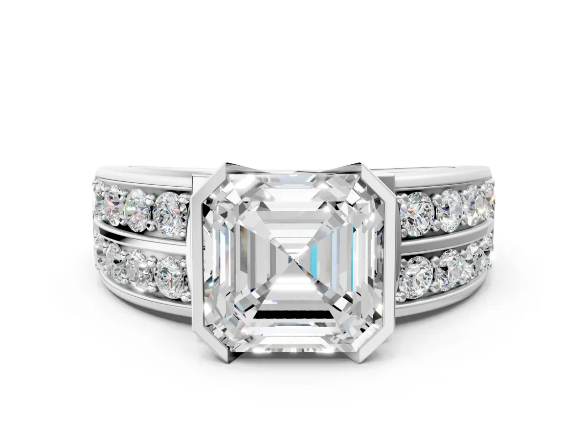 Asscher Cut Brilliant Diamond Channel Set Wide Band Ring with Bezel Setting Platinum