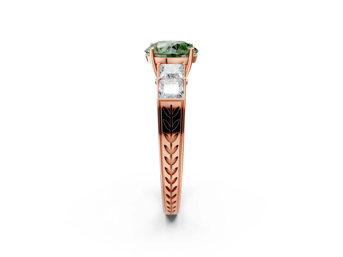 Fancy Green Round Cut Solitaire Princess Side Stone Engraved Band Prong Setting Ring Rose gold