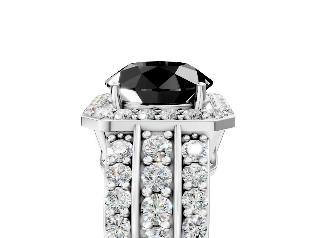 Fancy Black Round Cut Halo Diamond Ring with Round Split Shank and Prong Setting White gold