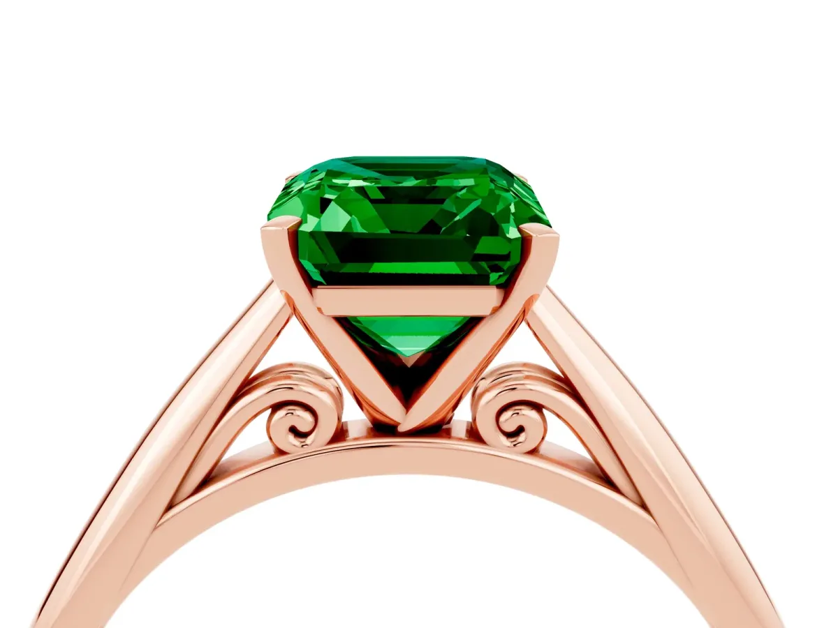 Emerald Cut Emerald Solitaire Engagement Ring with Cathedral Setting and Four-Prong Mount Rose gold