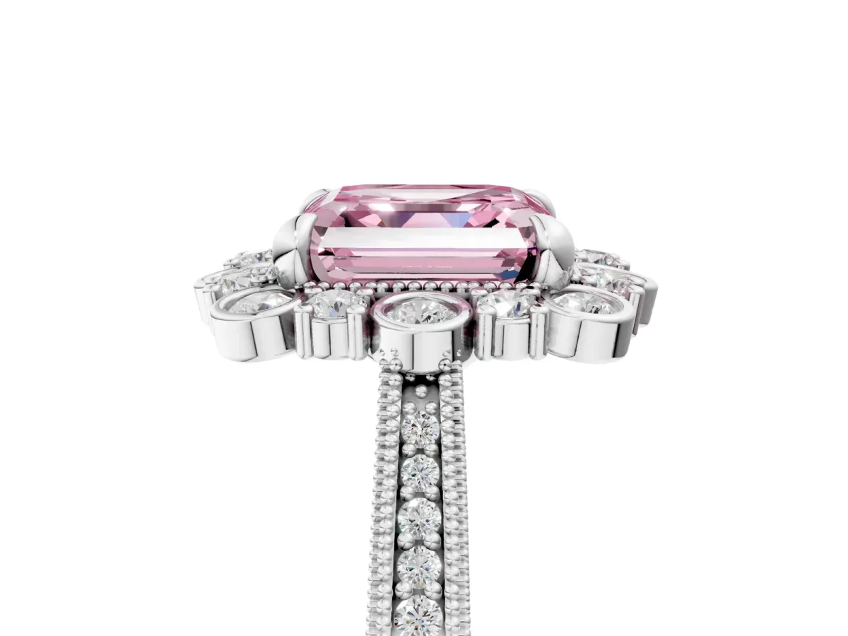 Fancy Pink Asscher Cut Halo Milgrain Pave Diamond Ring with Four-Prong Setting Platinum
