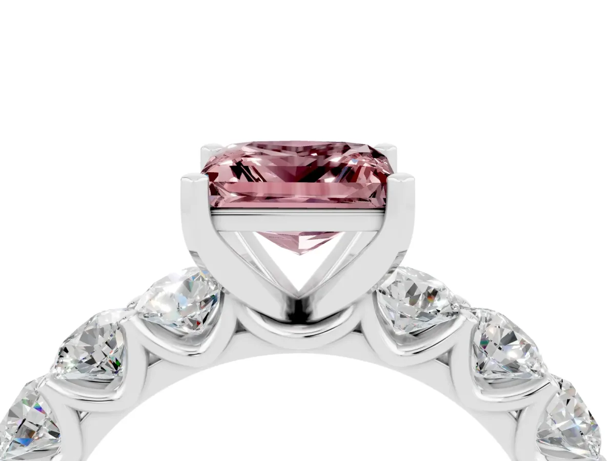 Princess Cut Morganite Prong Setting with Side Stones on a Pave Band Silver