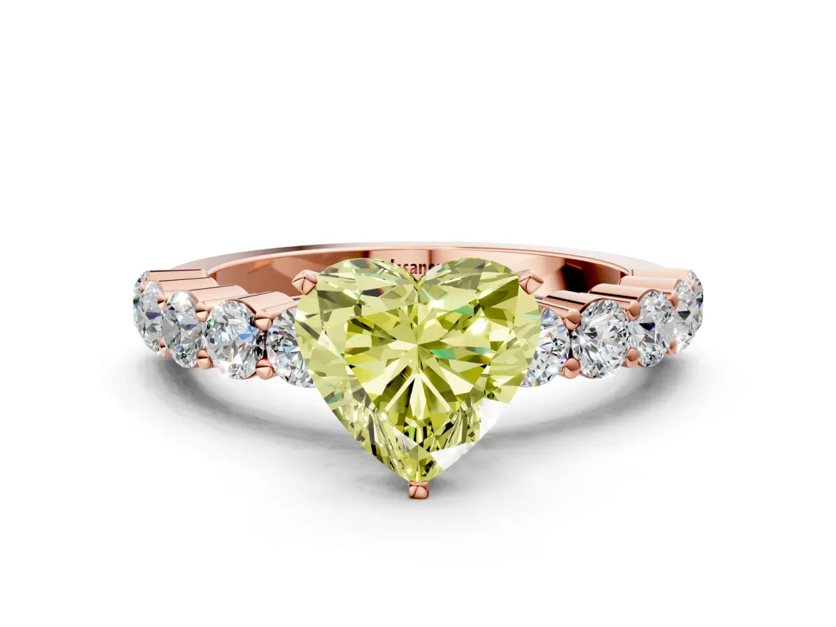 Fancy Yellow Heart Cut Diamond Solitaire Ring with Shared Prong Round Side Stones Rose gold