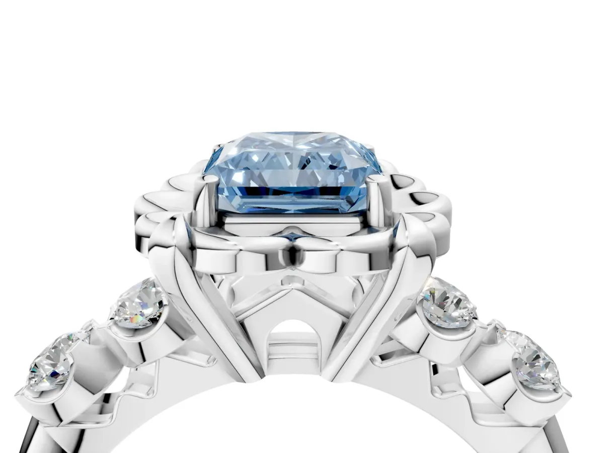 Fancy Blue Radiant Cut Cut Diamond Floral Halo Engagement Ring with Shared Prong Setting Silver