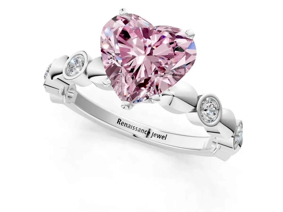 Fancy Pink Heart Cut Solitaire Bezel-Set Diamond Ring with Beaded Band and Four-Prong Setting Silver