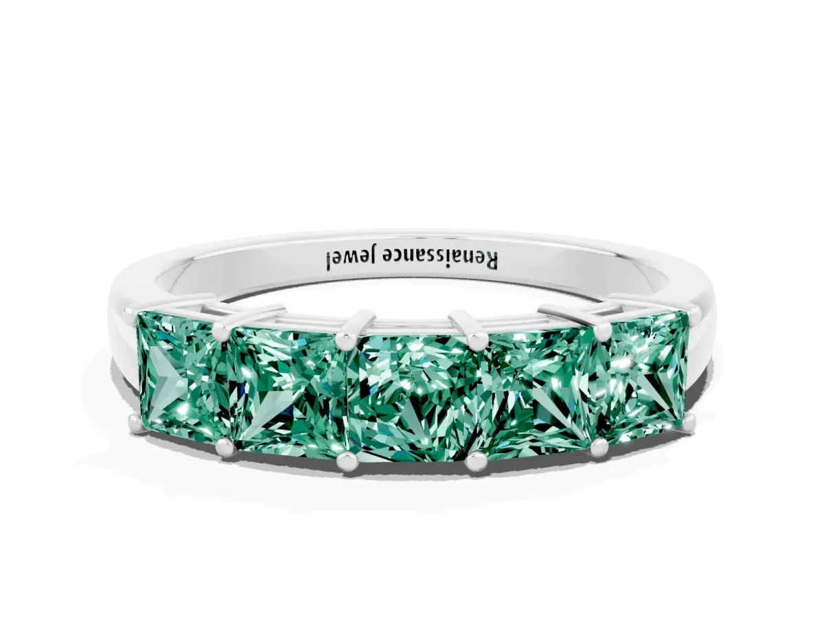 Princess Cut Five-Stone Green Sapphire Band with Prong Setting Platinum