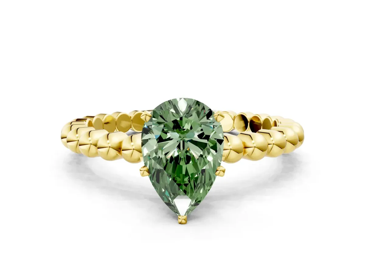 Fancy Green Pear Cut Diamond Solitaire Ring with Beaded Band and Prong Setting Yellow gold