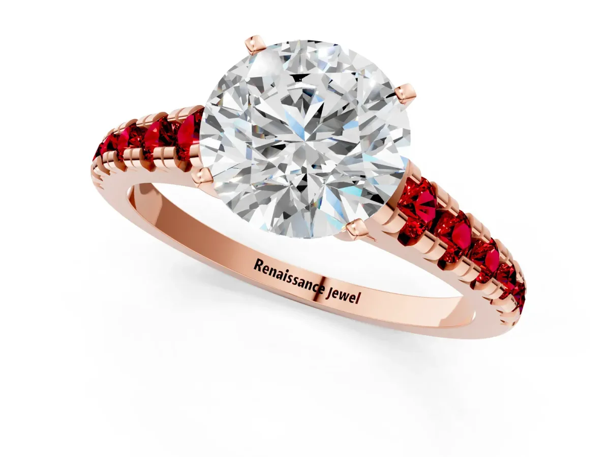Round Cut Diamond Cathedral Solitaire Ring with Round Ruby Pavé Band Rose gold