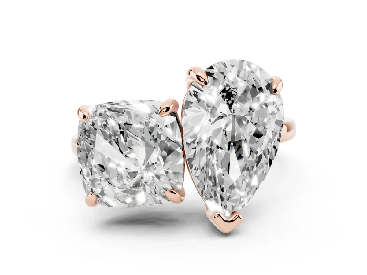 Pear and Cushion Toi Moi Ring with Prong Setting and Plain Band Rose gold
