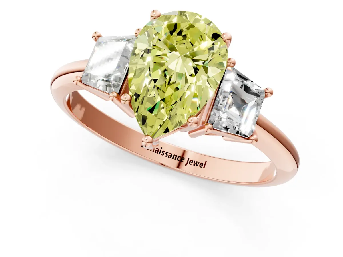 Fancy Yellow Pear Cut Diamond Three-Stone Ring with Trapezoid Side Stones and Prong Setting Rose gold