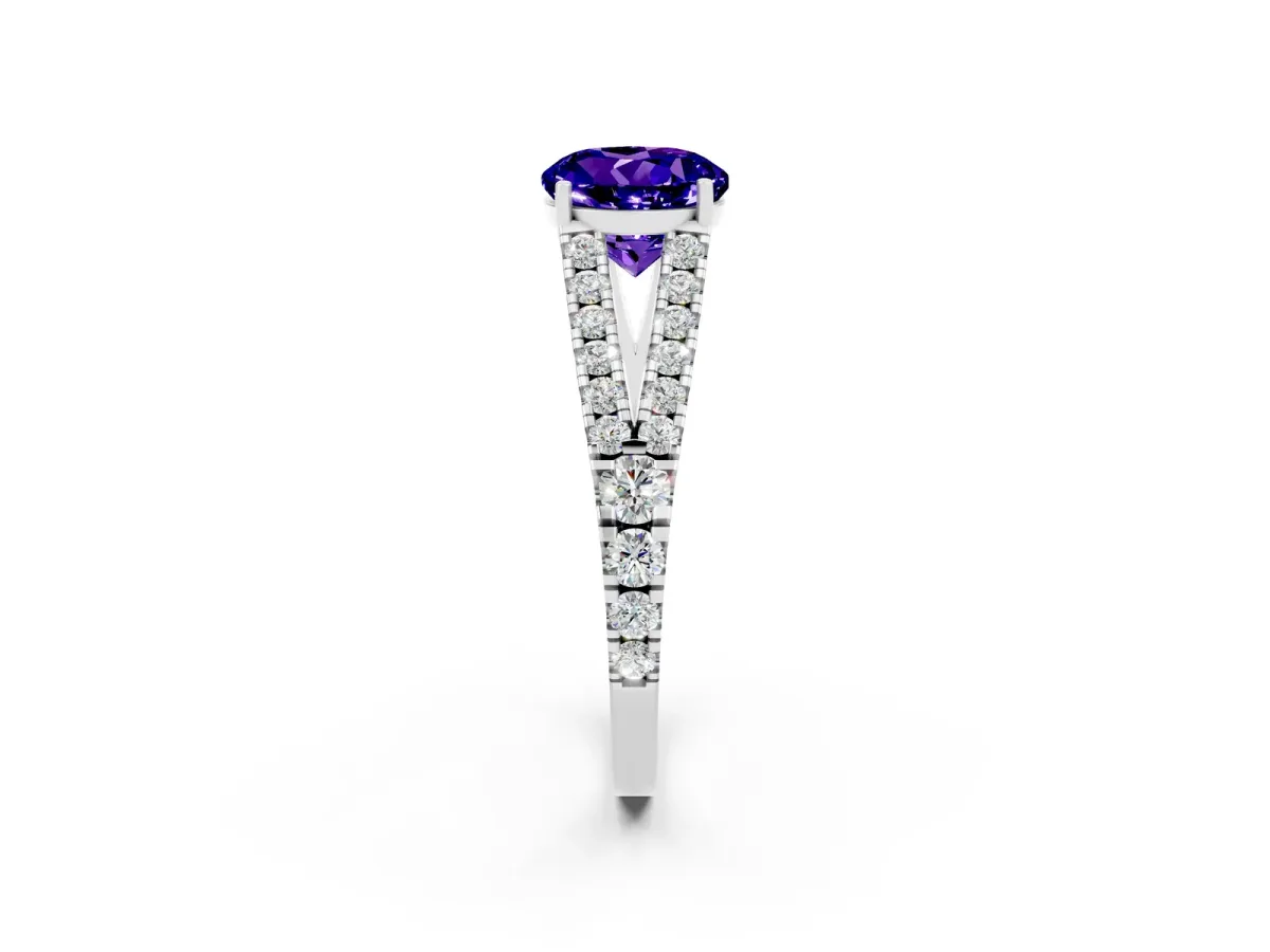 Round Cut Tanzanite Split Shank Engagement Ring with Round Pavé and Prong Setting Platinum