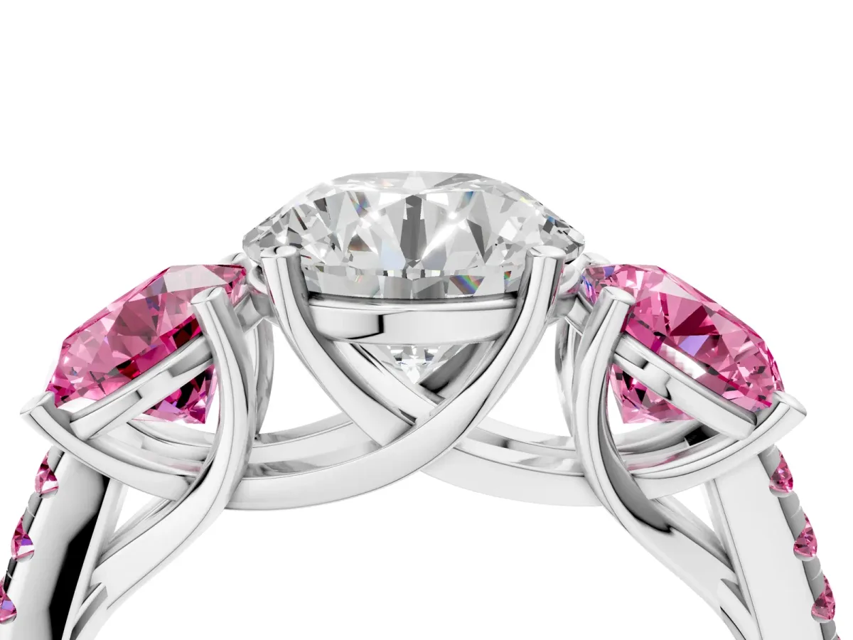 Three-Stone Round Cut Diamond Ring with Round Pink Sapphire Pavé Band and Prong Setting Silver