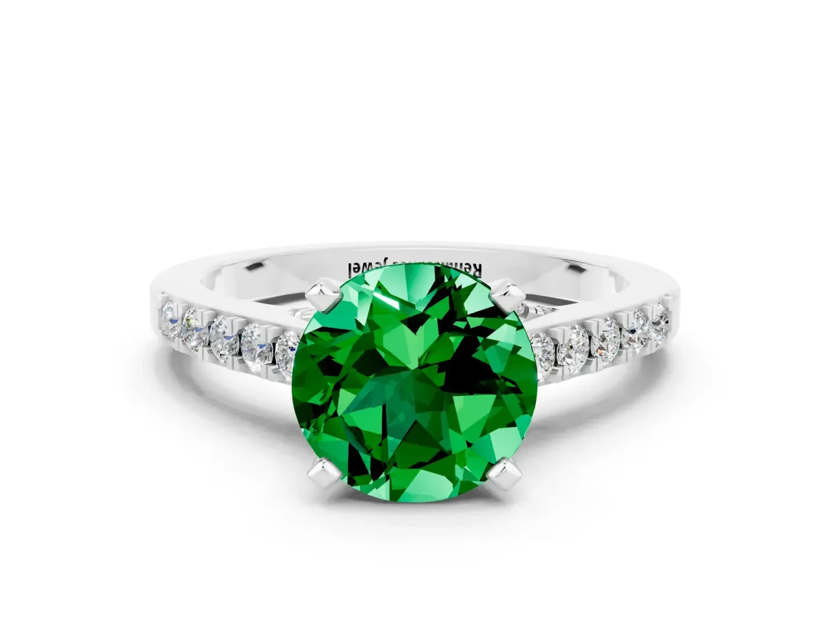 Round Cut Emerald Solitaire Ring with Crossover Gallery and Round Pavé Band Platinum