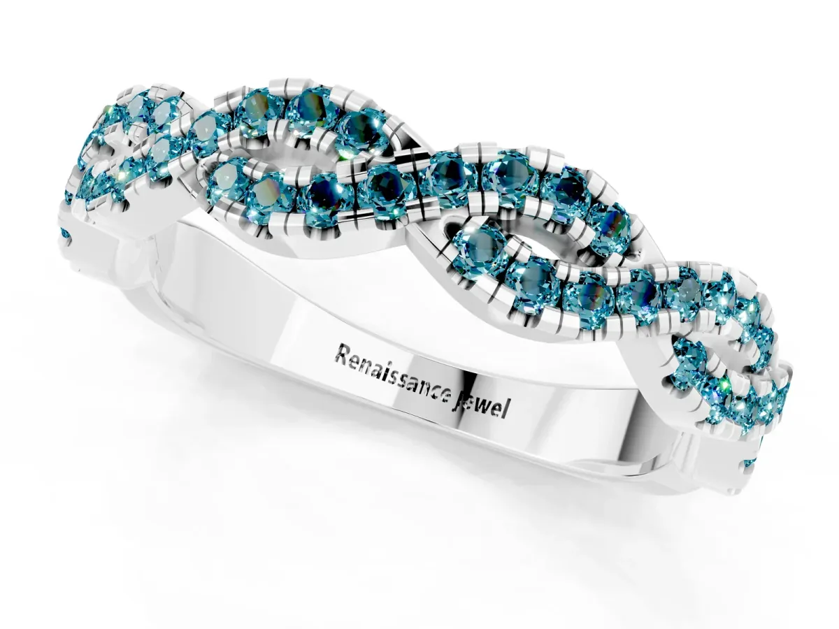 Round Blue Topaz Twisted Eternity Band with Pavé and Shared Prong Setting Platinum