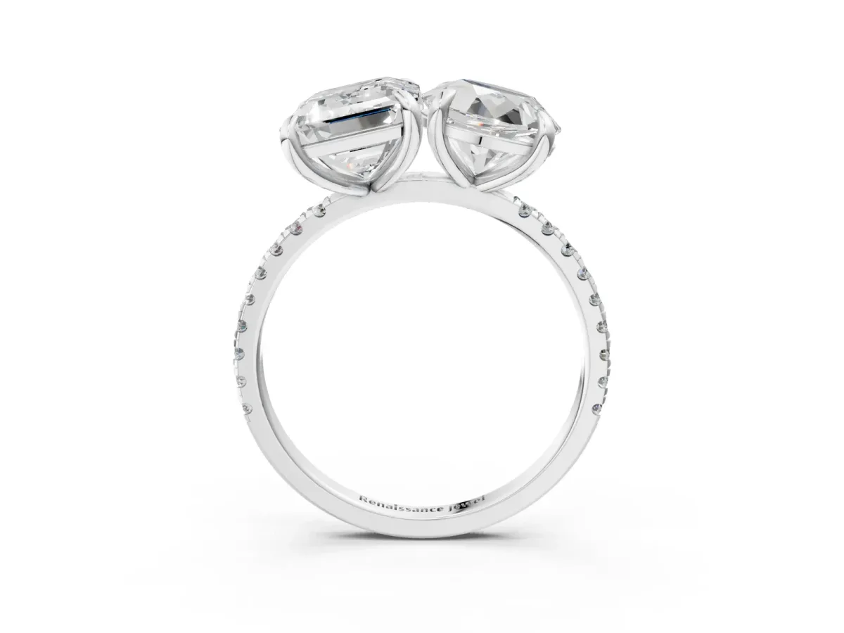 Round and Emerald Toi Moi Ring with Prong Setting and Micro Pave Band Platinum