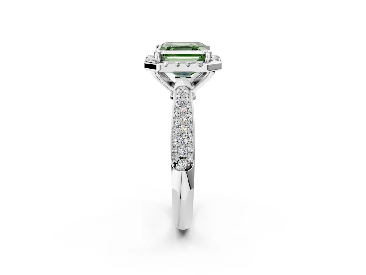 Fancy Green Asscher Cut Cut Halo Pave Band Four-Prong Setting Ring Platinum