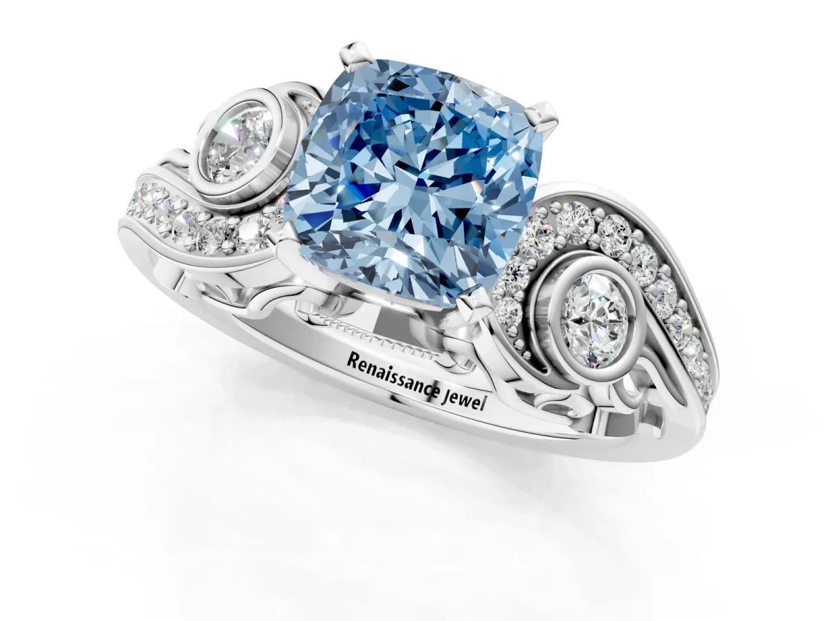 Fancy Blue Cushion Cut Diamond Solitaire Ring with Milgrain Pavé Band and Four-Prong Setting Silver