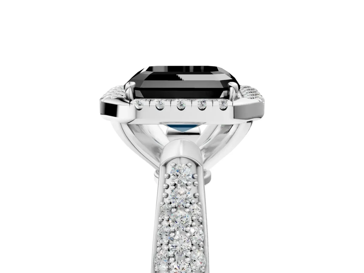 Fancy Black Asscher Cut Halo Diamond Ring with Pavé Band Platinum