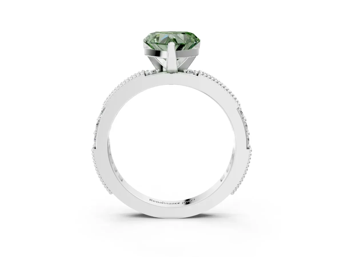 Fancy Green Heart Cut Solitaire with Pavé Band and Four-Prong Setting Silver