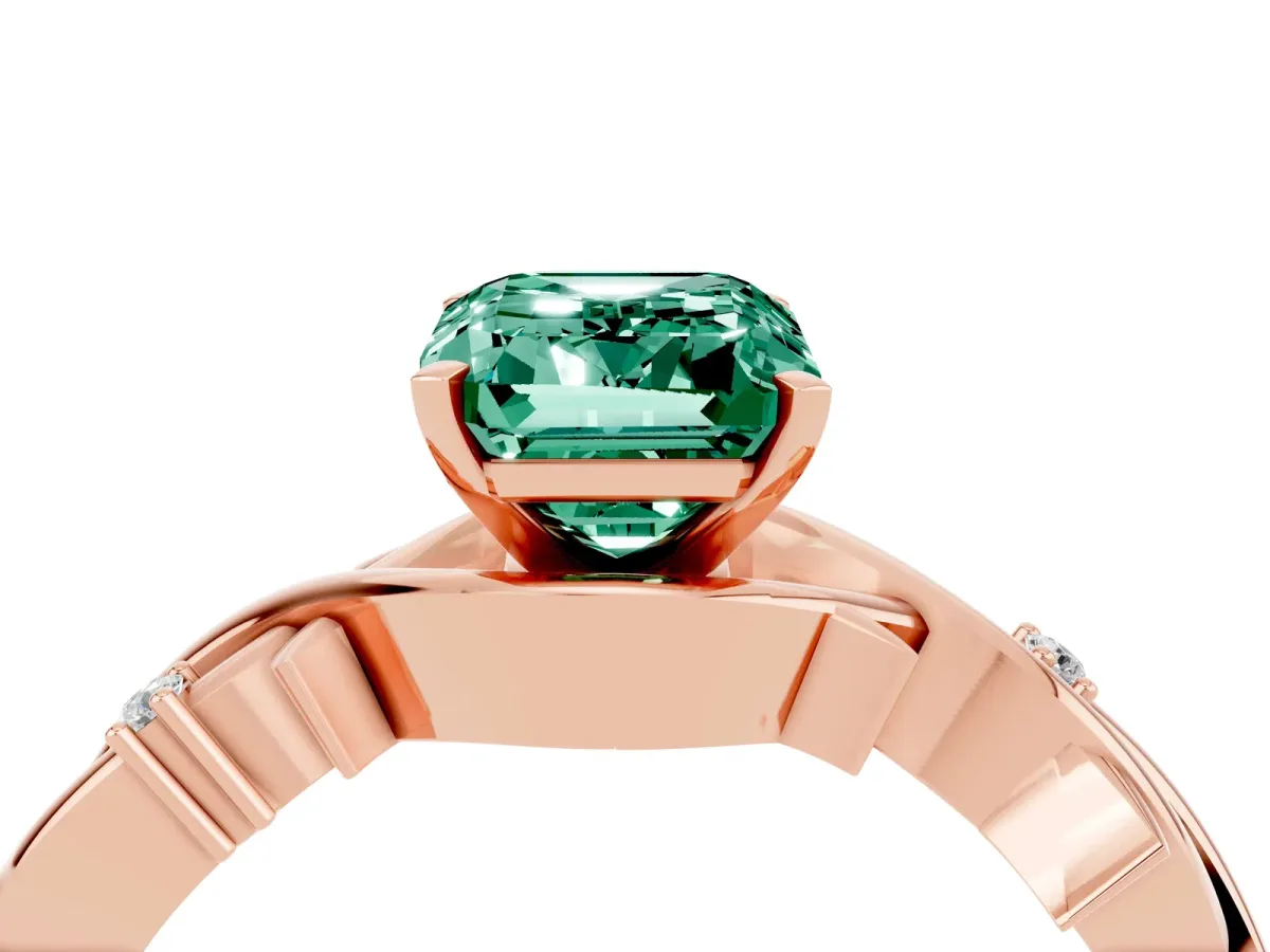 Emerald Cut Green Sapphire Solitaire Ring with Twisted Band and Prong Setting Rose gold