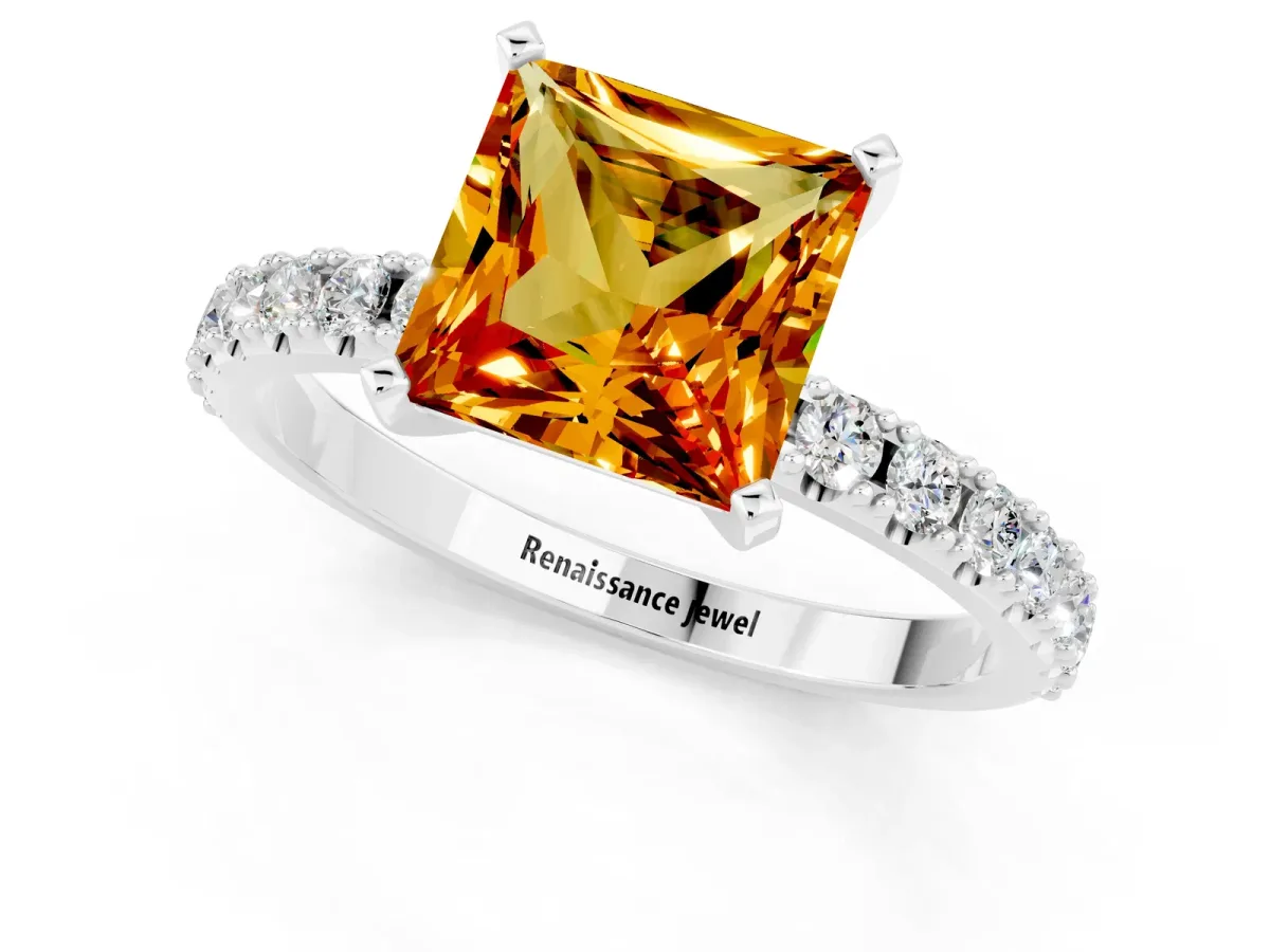 Princess Cut Citrine Solitaire Pavé Band with Four-Prong Setting Platinum