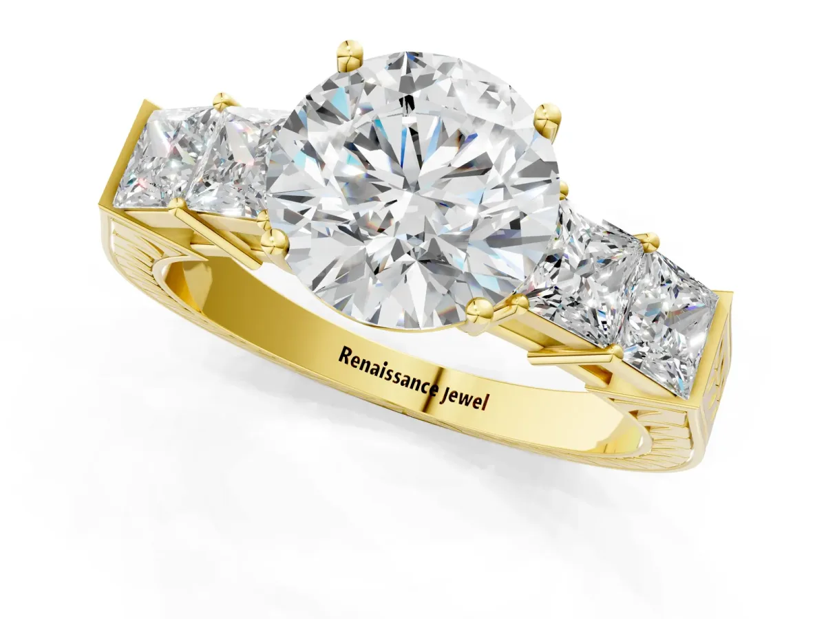 Round Cut Solitaire Princess Side Stone Engraved Band Prong Setting Ring Yellow gold