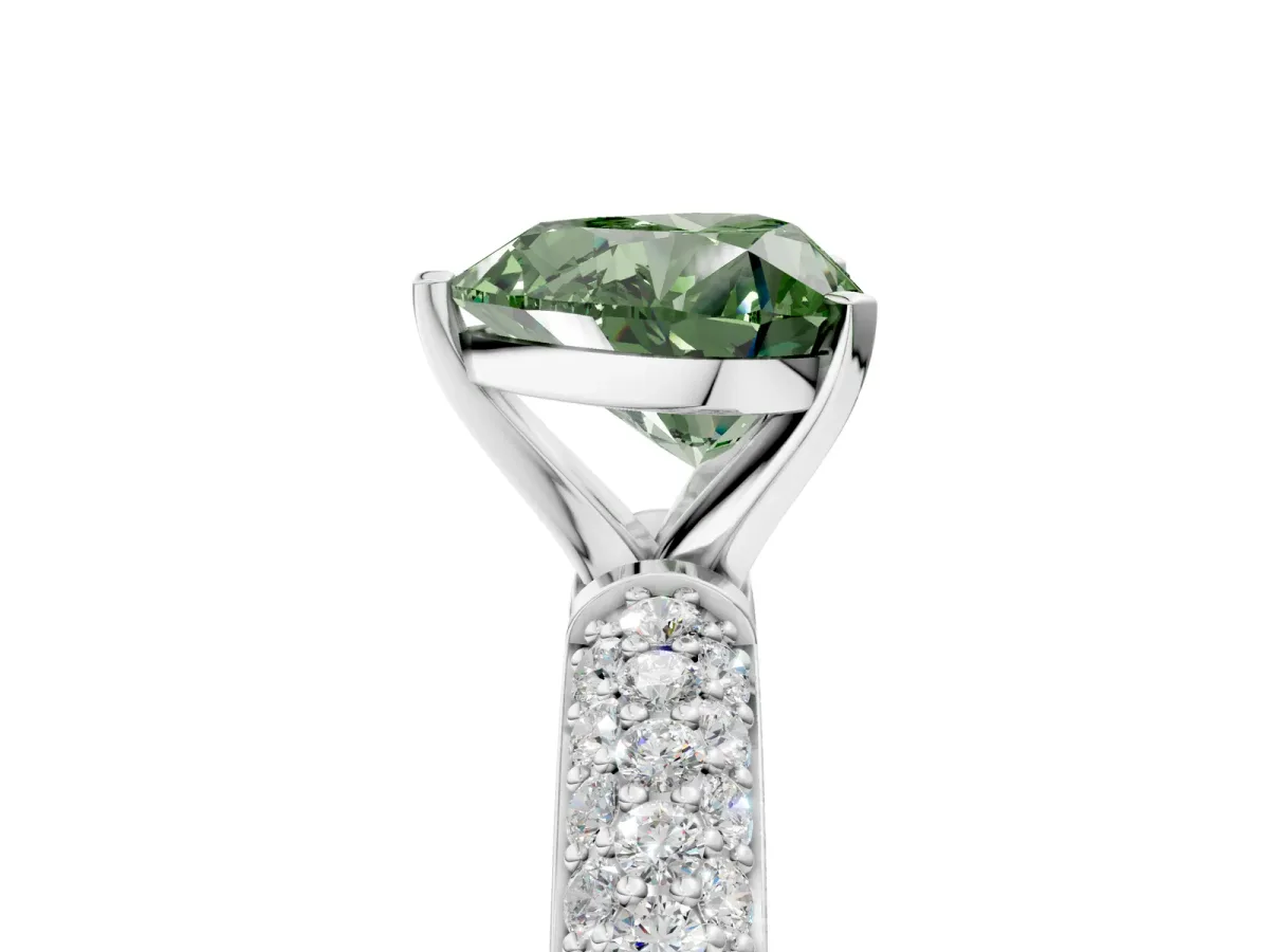 Fancy Green Heart Cut Diamond Solitaire Ring with Prong Setting and Pavé Band Platinum