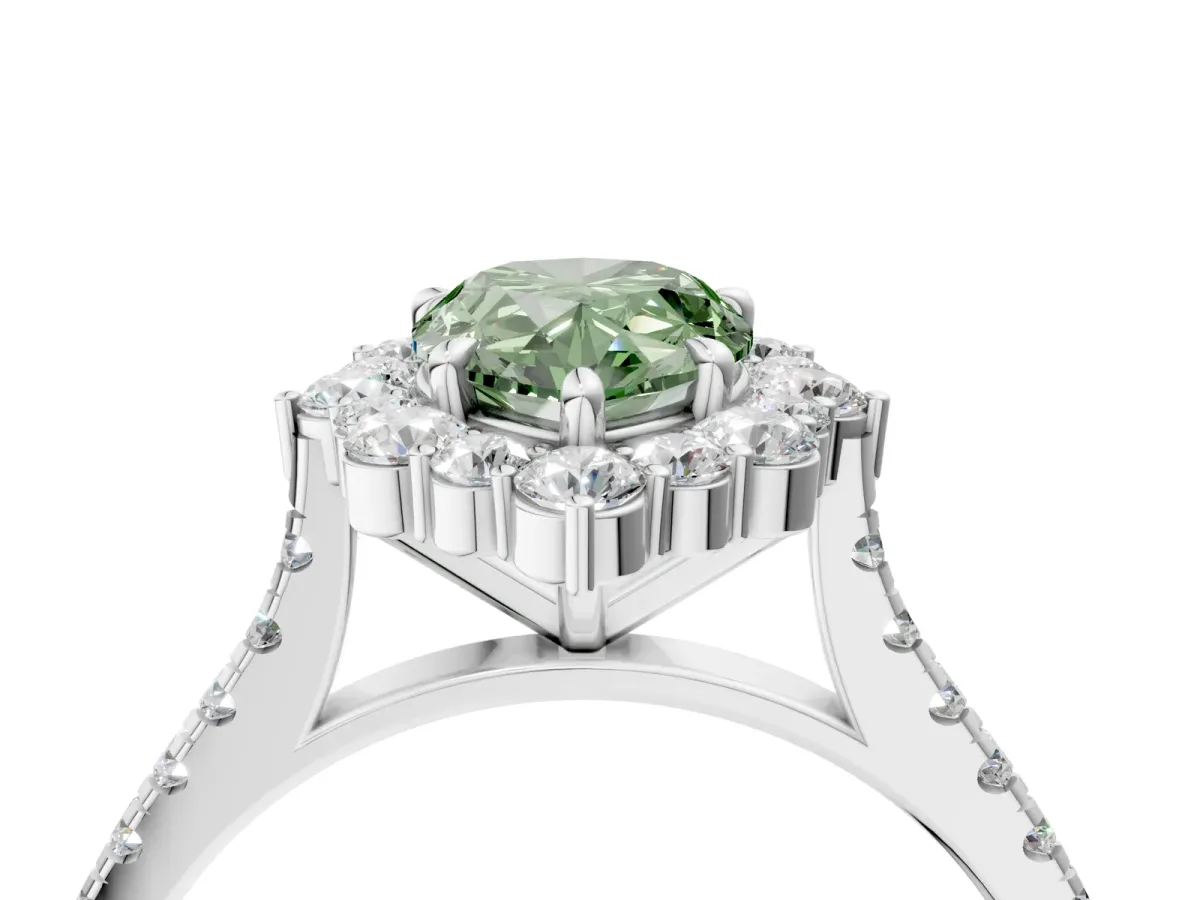 Fancy Green Pear Cut Halo Diamond Ring with Pavé Band and Prong Setting Silver