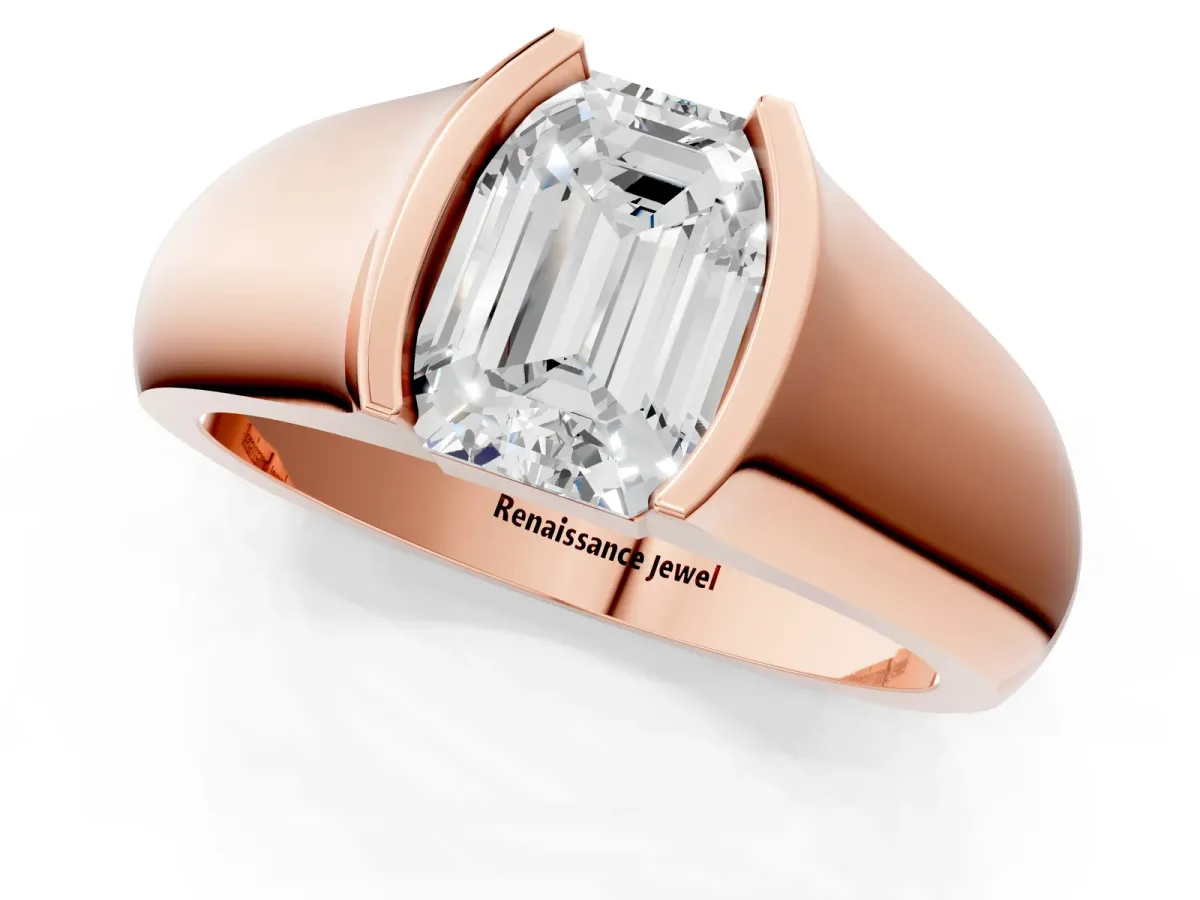 Emerald Cut Solitaire Bezel Set Diamond Ring with Wide Band Rose gold