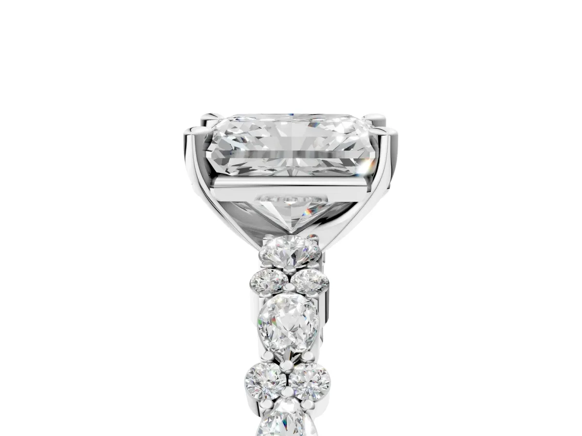 Radiant Cut Diamond Side Stone Solitaire Ring with Round Moissanite and Four-Prong Setting Platinum