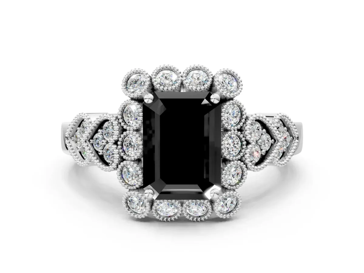 Fancy Black Emerald Cut Brilliant Milgrain Pave Heart Band Solitaire Ring Platinum