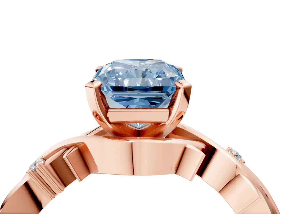 Fancy Blue Radiant Cut Diamond Solitaire Ring with Twisted Band and Prong Setting Rose gold