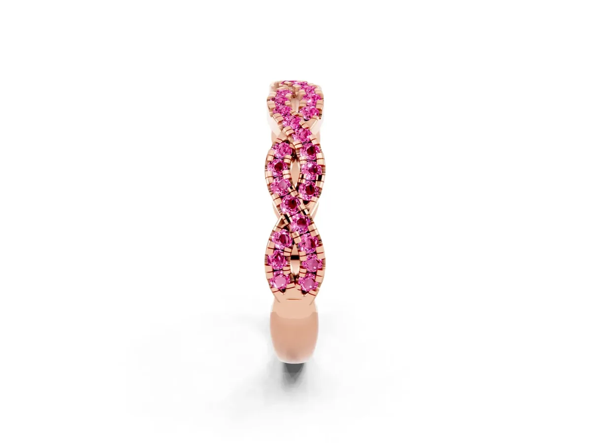 Round Pink Sapphire Twisted Eternity Band with Pavé and Shared Prong Setting Rose gold