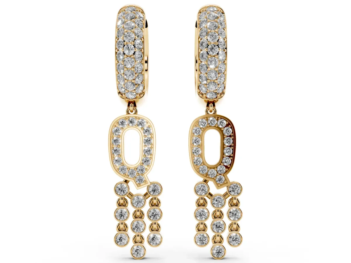 Round Diamond Initial Q Huggie Hoop Earrings Yellow gold