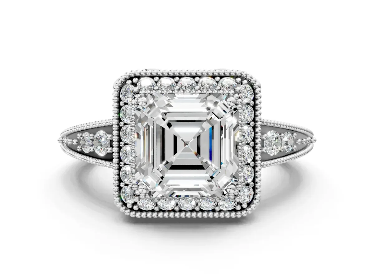 Asscher Cut Halo Diamond Split Shank Ring with Milgrain Detail Platinum