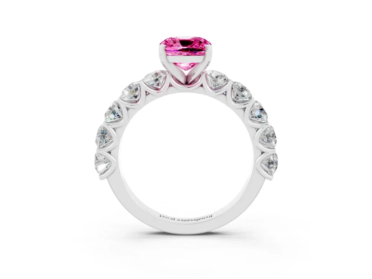 Cushion Cut Pink Sapphire Prong Setting with Side Stones on a Pave Band Silver