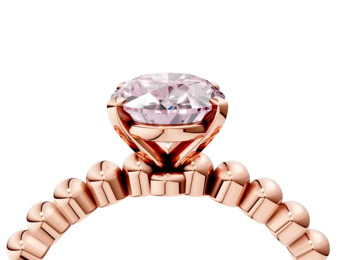 Fancy Pink Oval Cut Diamond Solitaire Ring with Beaded Band and Prong Setting Rose gold