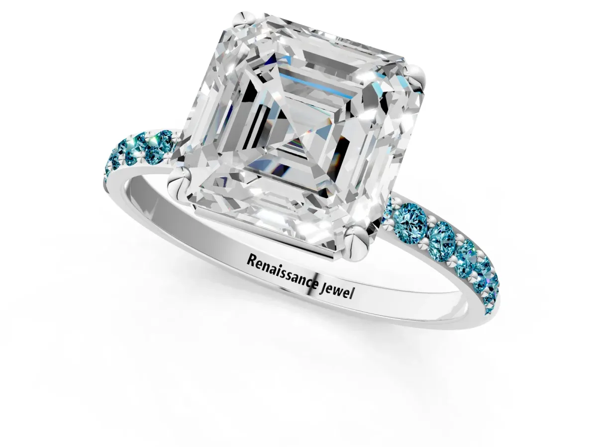 Asscher Cut Diamond Solitaire Ring with Round Blue Topaz Pavé Band and Prong Setting Silver