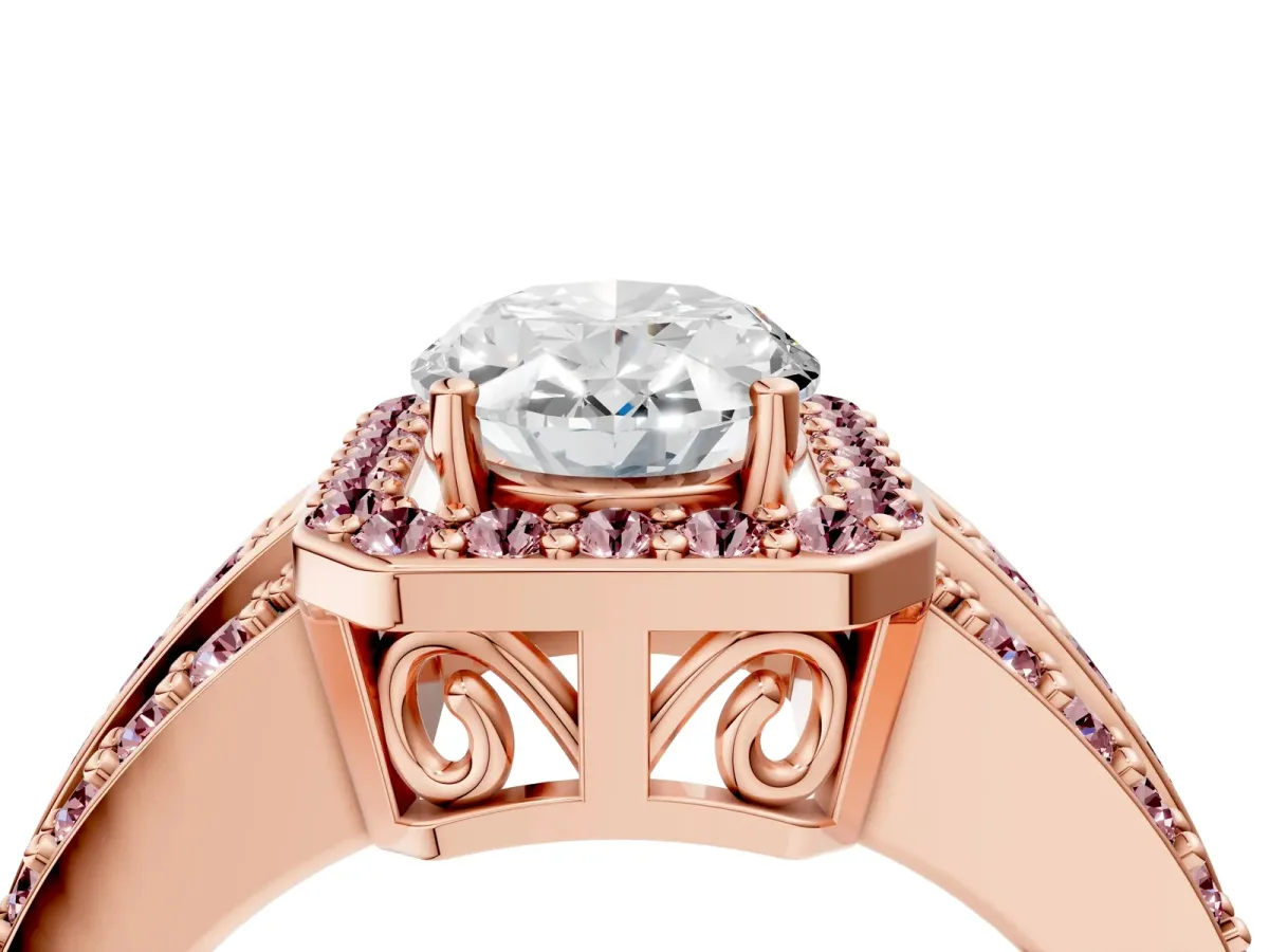 Oval Cut Halo Diamond Ring with Round Morganite Split Shank and Prong Setting Rose gold